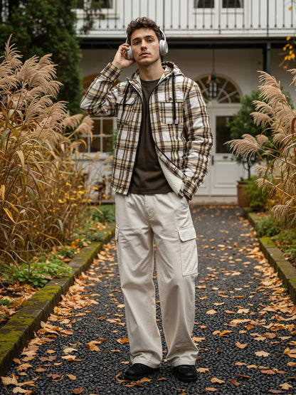 Men's Slim-Fit Thickened Plaid Fleece Hooded Jacket