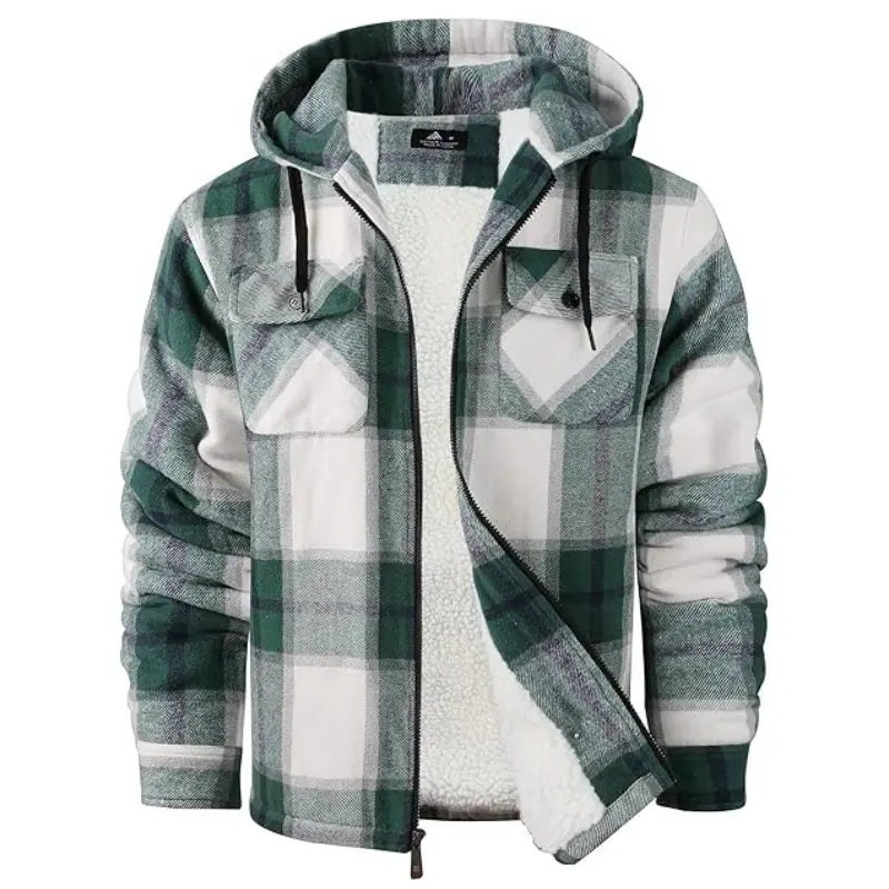 Men's Slim-Fit Thickened Plaid Fleece Hooded Jacket