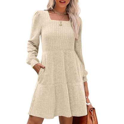 Women's Square Neck Long Sleeve Fall Dresses Casual Babydoll Sweater Dress
