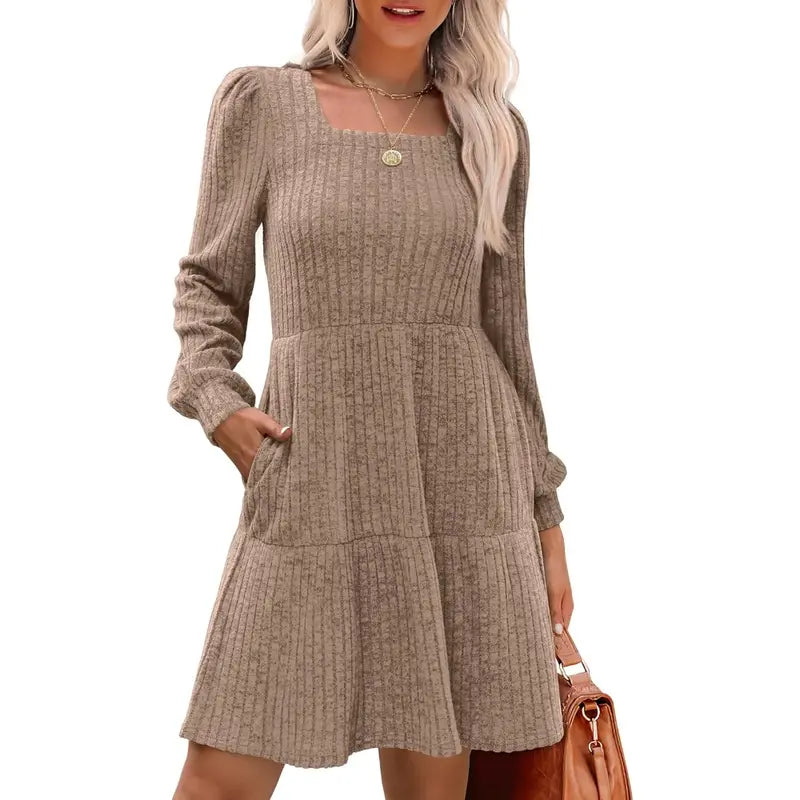 Women's Square Neck Long Sleeve Fall Dresses Casual Babydoll Sweater Dress
