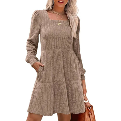 Women's Square Neck Long Sleeve Fall Dresses Casual Babydoll Sweater Dress