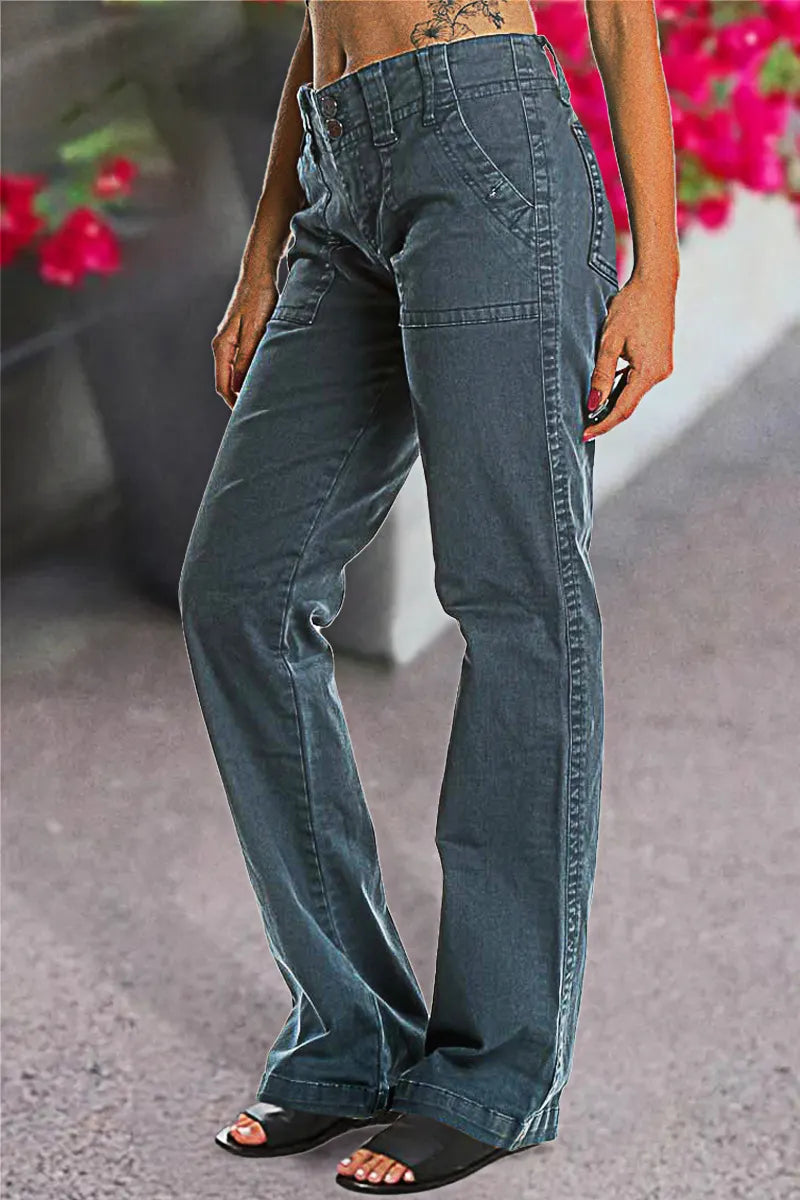 Side view of women's straight leg stretch pants