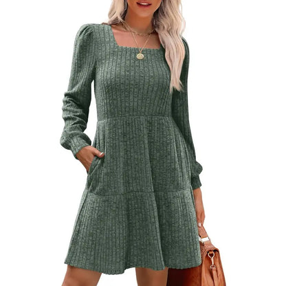 Women's Square Neck Long Sleeve Fall Dresses Casual Babydoll Sweater Dress