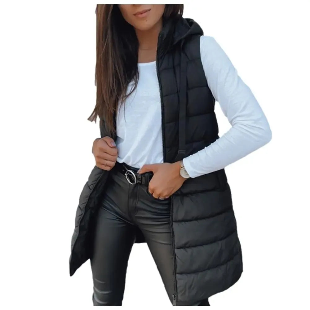 Women's long black hooded sleeveless puffer vest