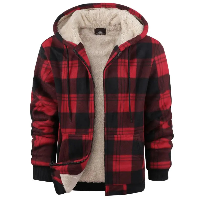 Men's Slim-Fit Thickened Plaid Fleece Hooded Jacket