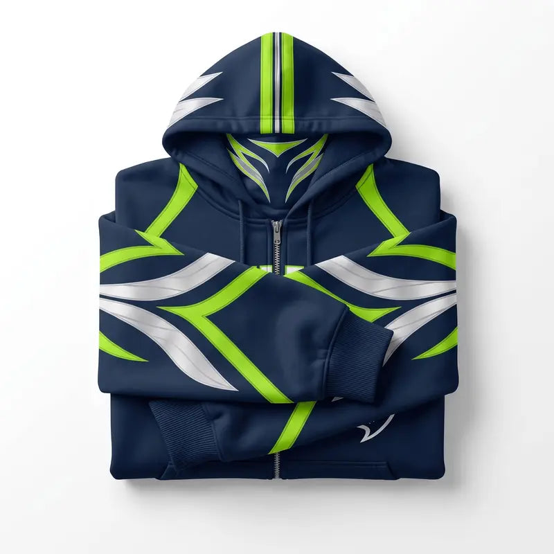 Navy and electric green football-inspired zip hoodie