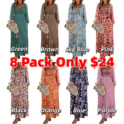 Women’s Long Sleeve Boho Dress – Square Neck & Button Detail