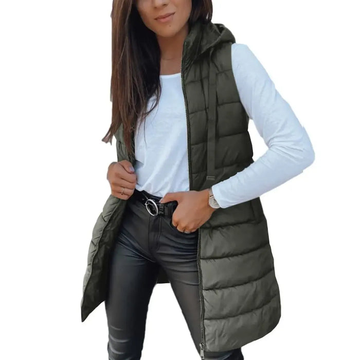 Army green long hooded sleeveless puffer vest