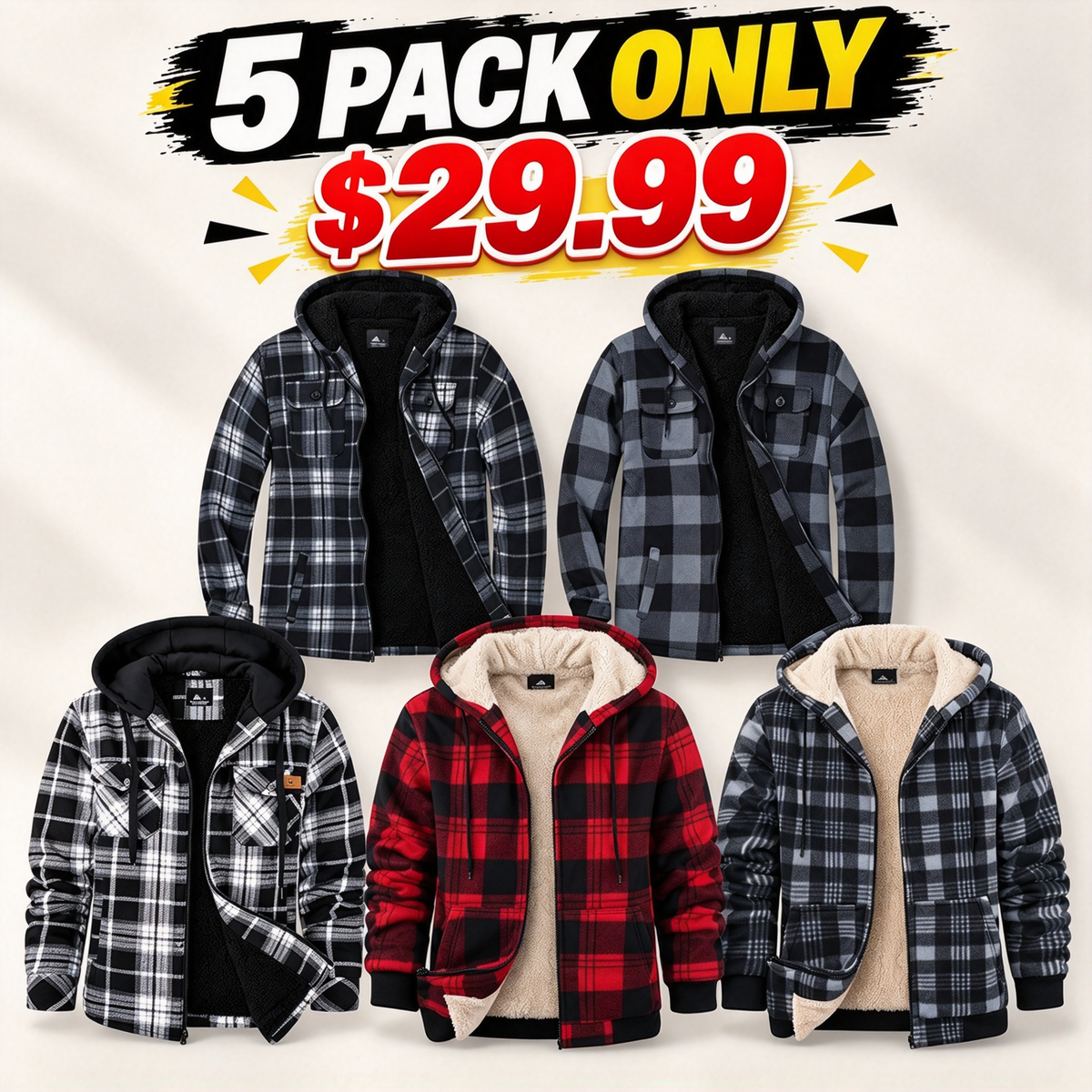 Men's Slim-Fit Thickened Plaid Fleece Hooded Jacket