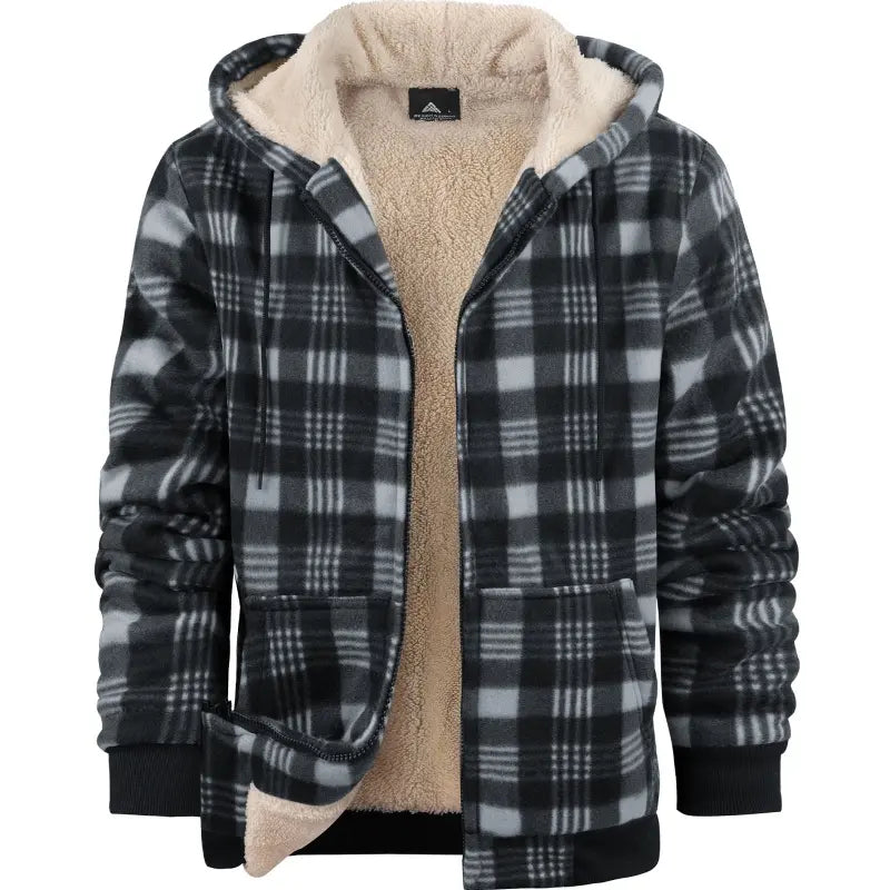 Men's Slim-Fit Thickened Plaid Fleece Hooded Jacket