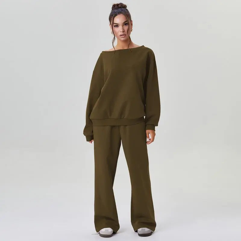 Women's Leisure Solid Color Sloping Shoulder Long Sleeve Top & Wide-Leg Trousers Set