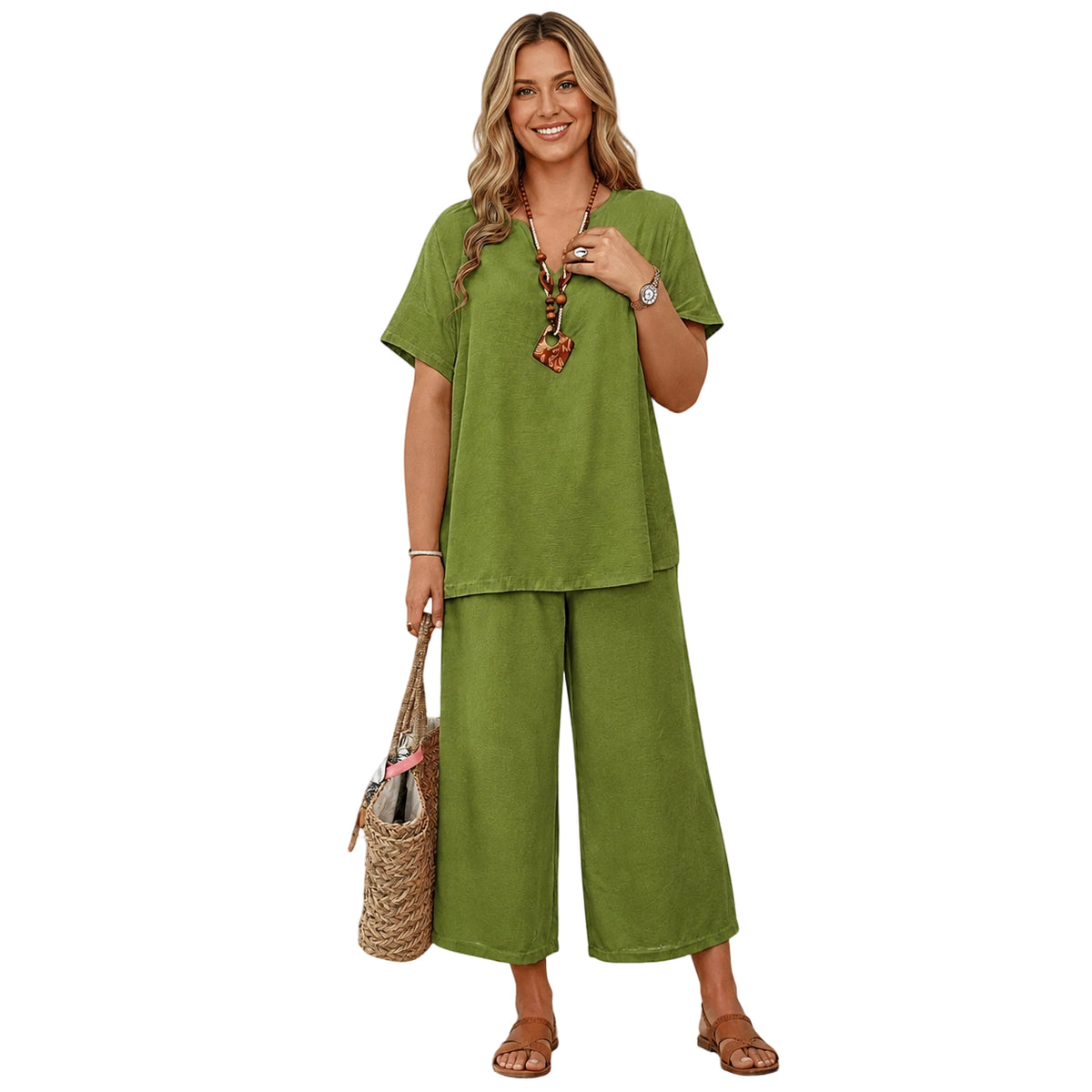 Women's Solid Short Sleeve Top & Loose Wide Leg Pants 2-Piece Set