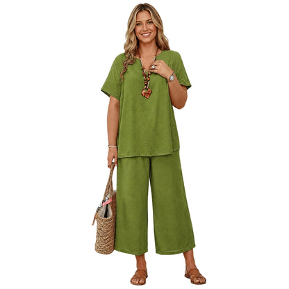Women's Solid Short Sleeve Top & Loose Wide Leg Pants 2-Piece Set