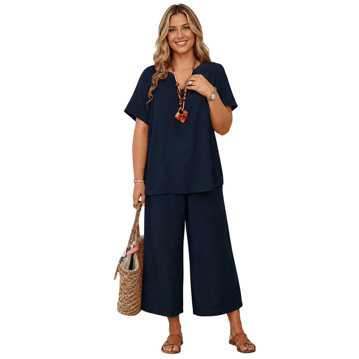 Women's Solid Short Sleeve Top & Loose Wide Leg Pants 2-Piece Set