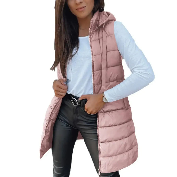 Pink long hooded sleeveless puffer vest