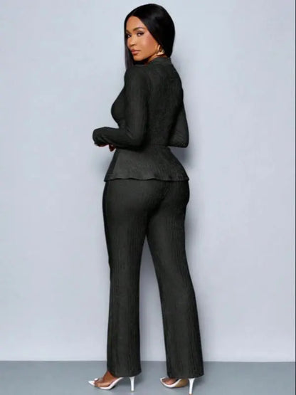 Women's Elegant V Neck Long Sleeve T-Shirt And Wide Leg Pants Two Piece Set