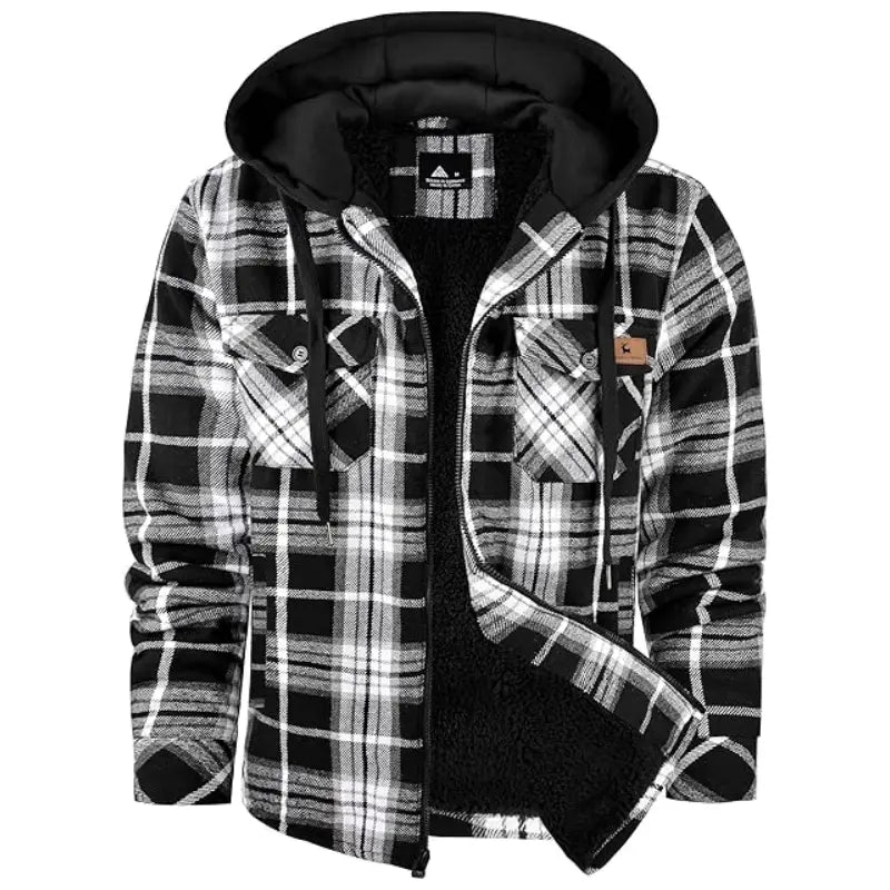 Men's Slim-Fit Thickened Plaid Fleece Hooded Jacket