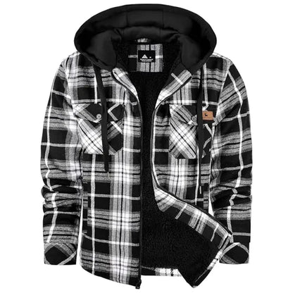 Men's Slim-Fit Thickened Plaid Fleece Hooded Jacket