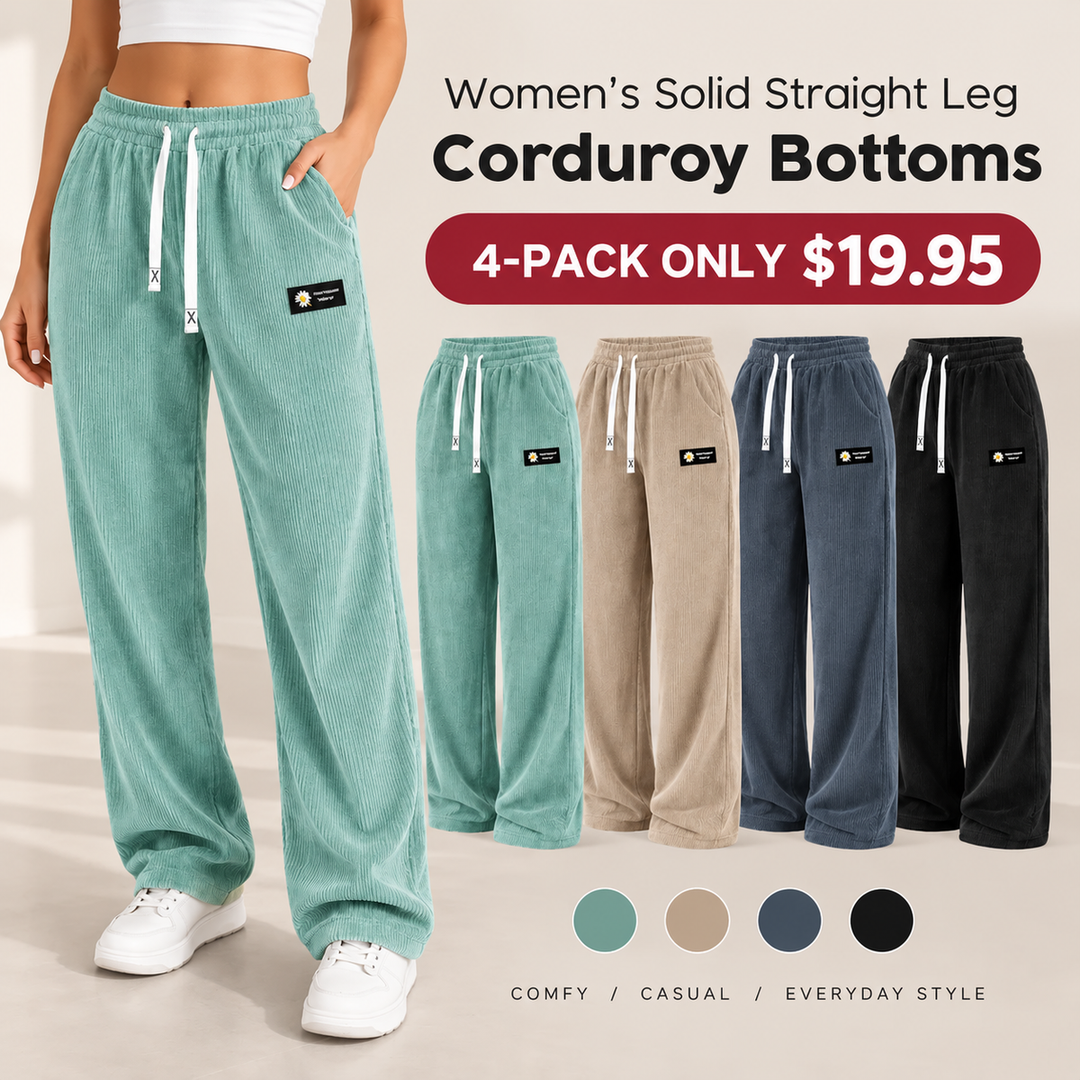 LAST DAY SALEWomen's Solid Straight Leg Corduroy Bottoms-100% Cotton