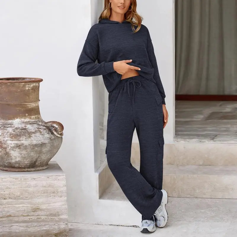 Women's Fall Knitted Hoodie Tracksuits Wide Leg Pants With Pocket Sets