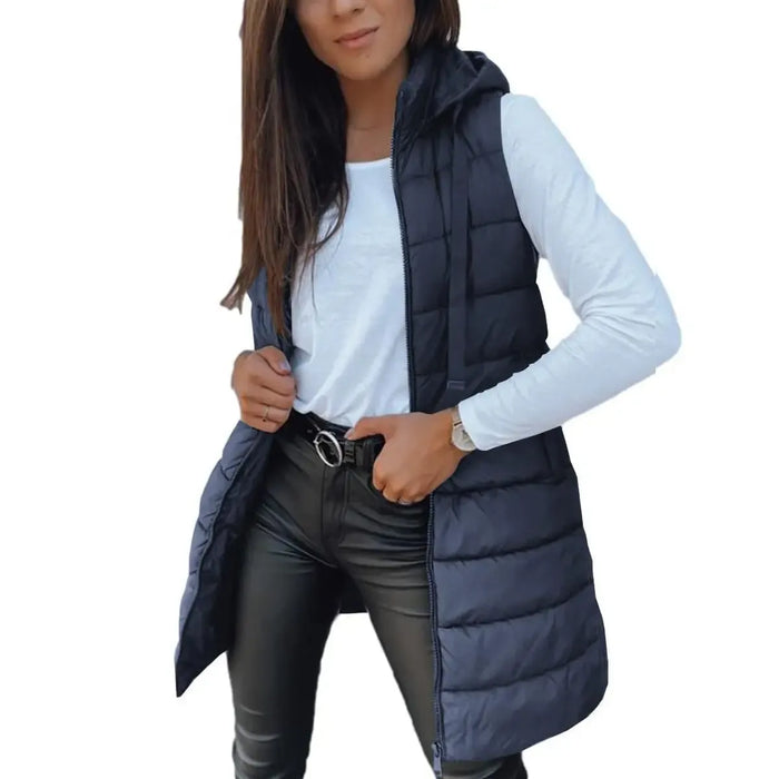 Navy long hooded sleeveless puffer vest