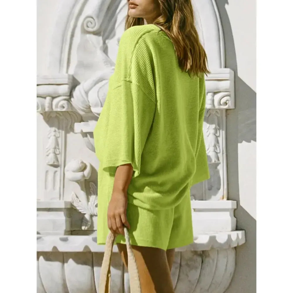 Womens Short Sets 2 Piece Sleeve Tops and Elastic Waist Shorts