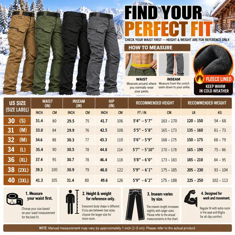 Men's Fleece-Lined Tactical Cargo Pants, Windproof Warm Work Pants with Multi-Pockets, 320g Fabric, Regular Fit Outdoor Pants for Fall & Winter