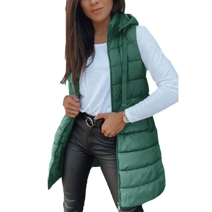 Green long hooded sleeveless puffer vest