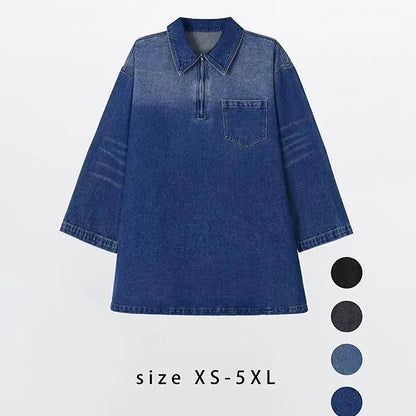 Women's Denim Dress Half-Zip Collared Vintage Washed Blue Loose Fit Long Sleeve