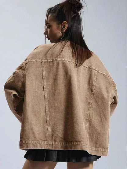 Women's Plain Button Front Drop Shoulder Denim Coat