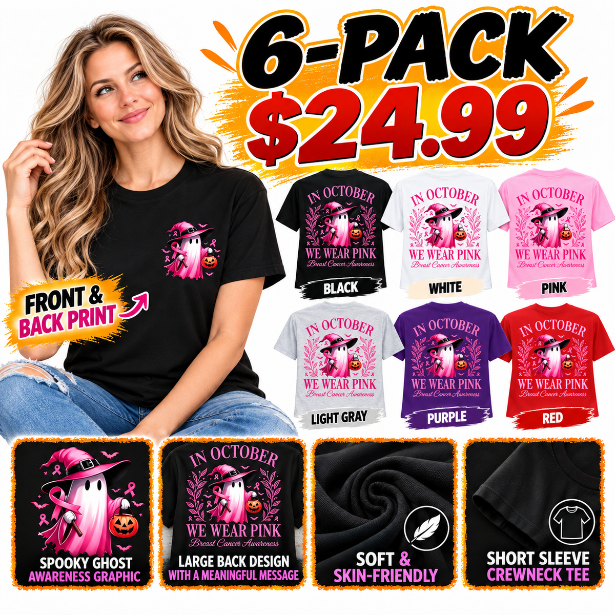 CLEARANCE SALE🔥 Pink Ghost Long Sleeve Top, Breast Cancer Awareness Shirt