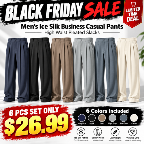 Men's Ice Silk Business Casual Pants, High Waist Pleated Slacks