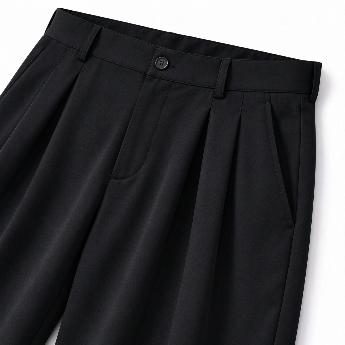 Close-up of high waist pleats and side pocket on black business casual pants