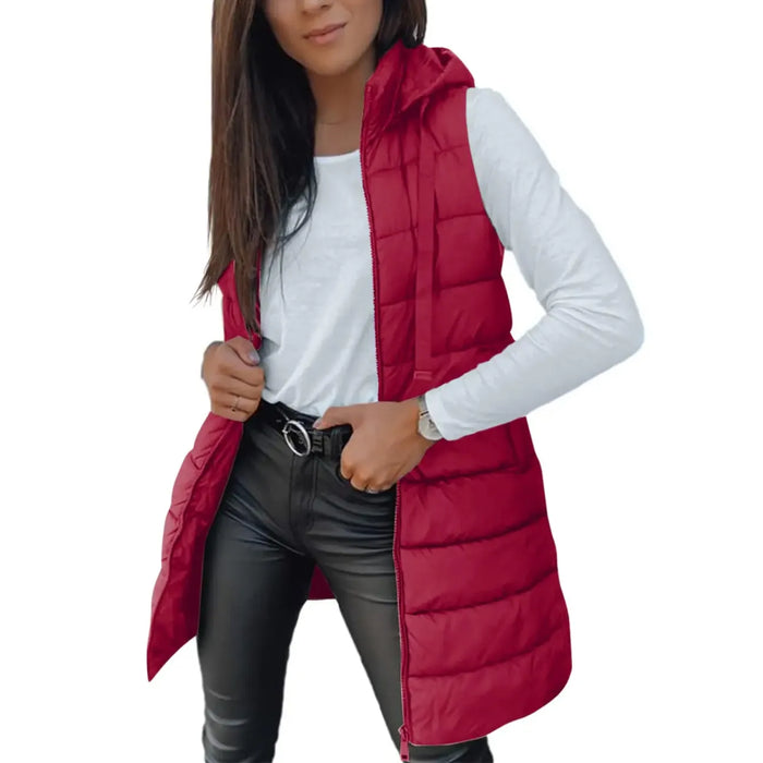 Wine red long hooded sleeveless puffer vest