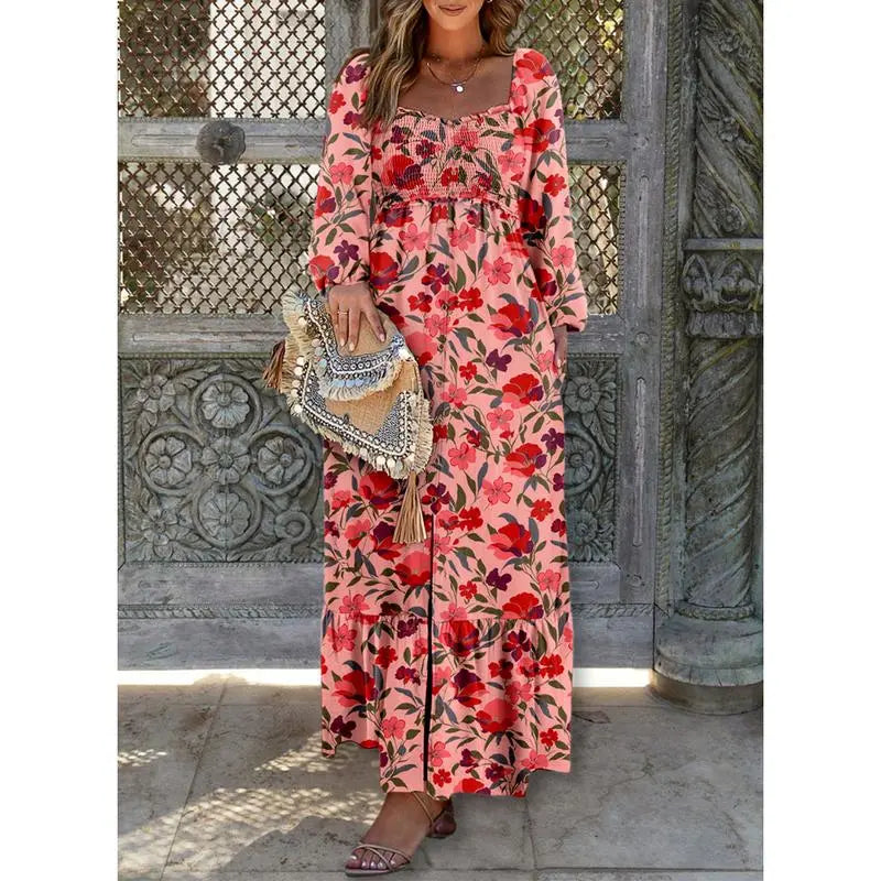 Women’s Long Sleeve Boho Dress – Square Neck & Button Detail