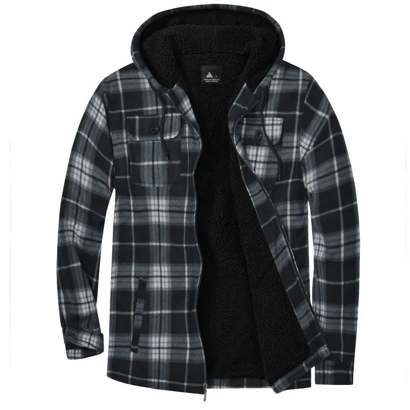 Men's Slim-Fit Thickened Plaid Fleece Hooded Jacket