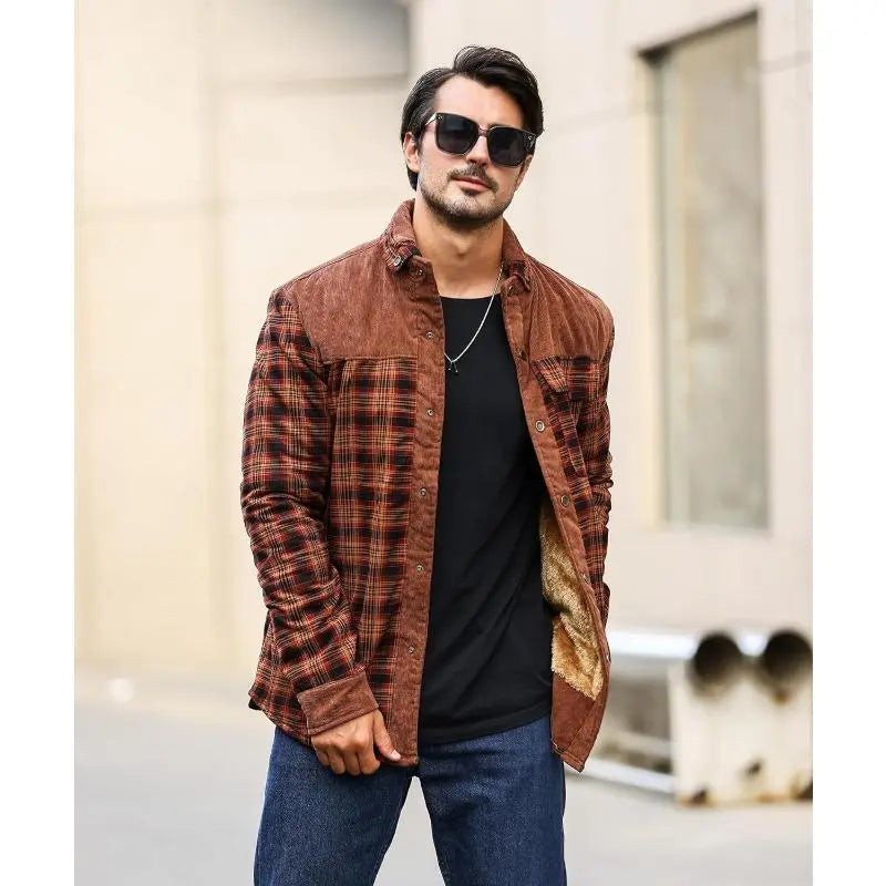 Men's Corduroy Plaid Sherpa Lined Flannel Shirt Jacket Fleece Coat