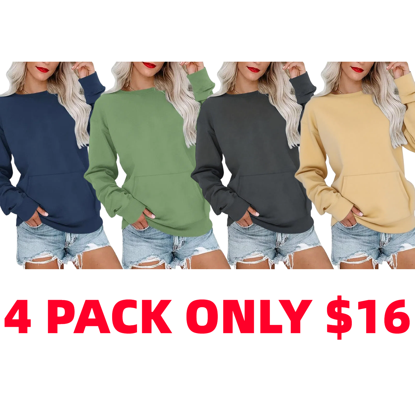 Womens Casual Long Sleeve Hoodless Crewneck Hoodie