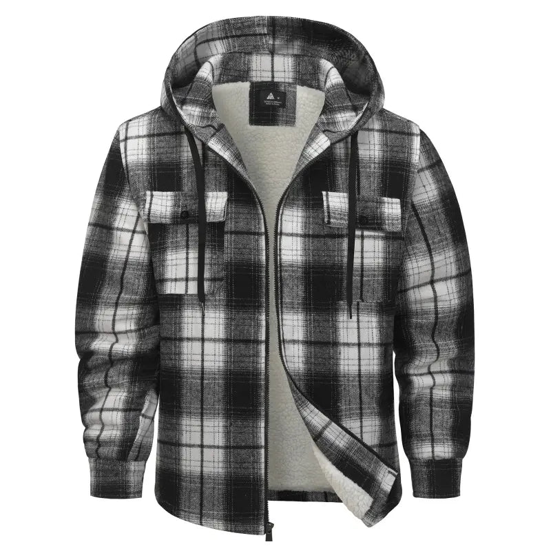 Men's Slim-Fit Thickened Plaid Fleece Hooded Jacket