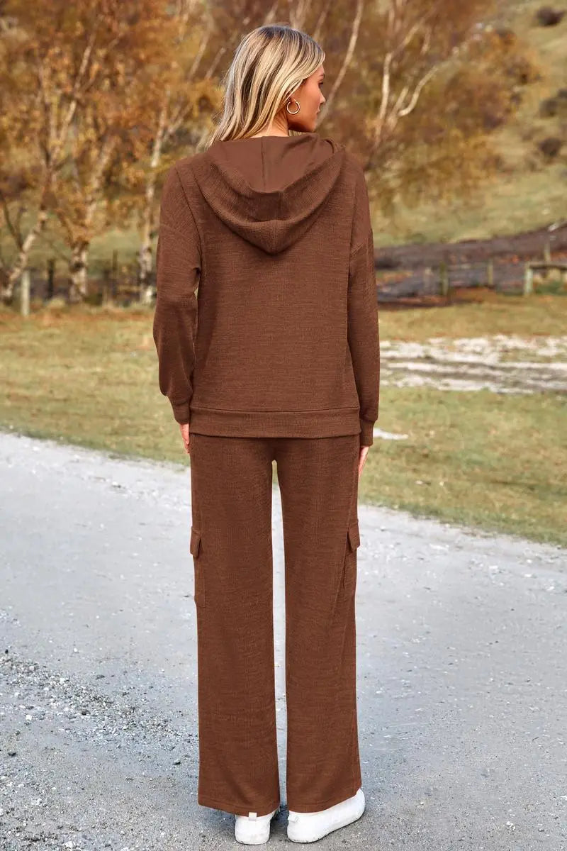 Women's Fall Knitted Hoodie Tracksuits Wide Leg Pants With Pocket Sets
