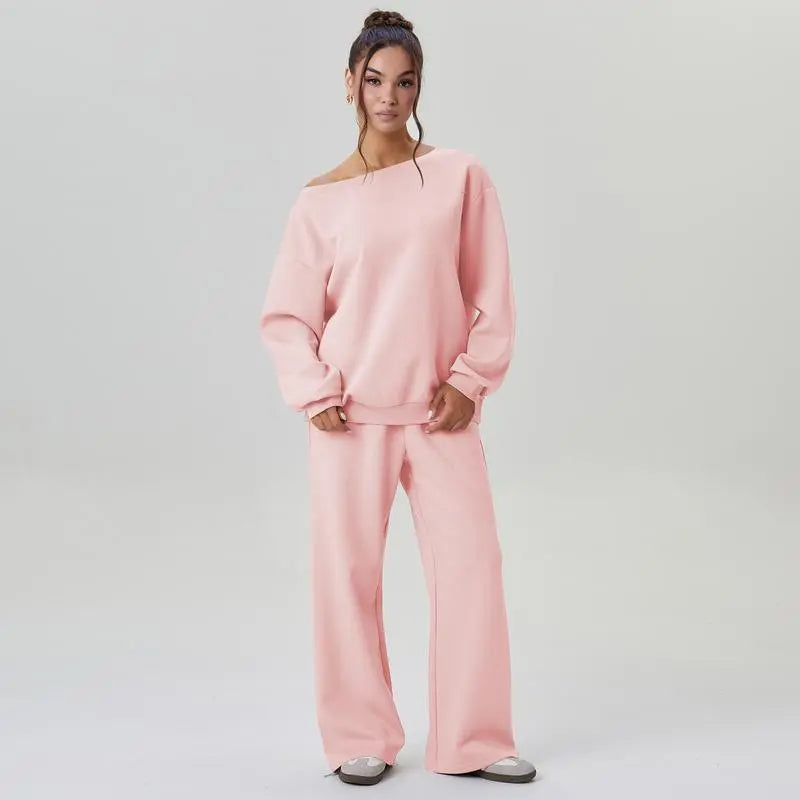 Women's Leisure Solid Color Sloping Shoulder Long Sleeve Top & Wide-Leg Trousers Set