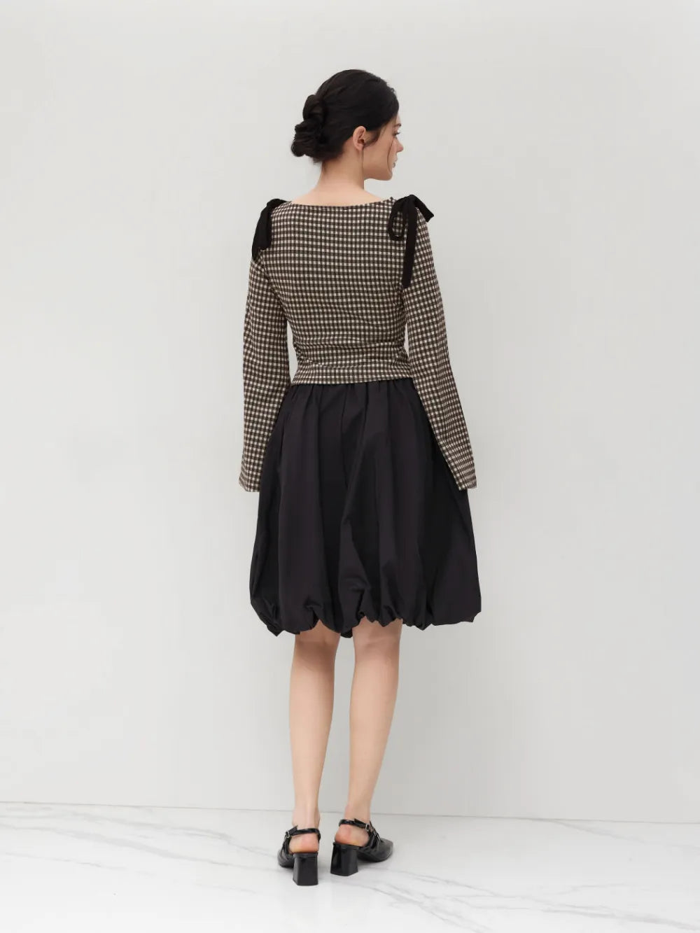Boat Neck Gingham Bowknot Ruched Long Sleeve Top