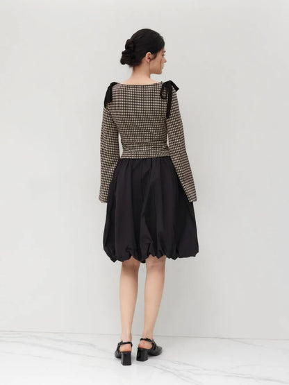 Boat Neck Gingham Bowknot Ruched Long Sleeve Top