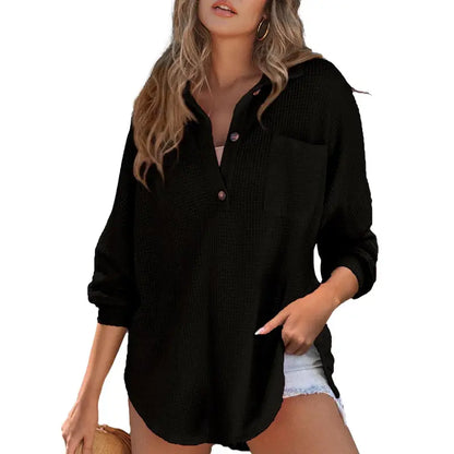 🔥 Crazy Deals For A Limited Time 🔥Women's Oversized Waffle Knit Henley Top - Casual V-Neck Mesh Knitwear Long Sleeve Tunic Blouse for Fall