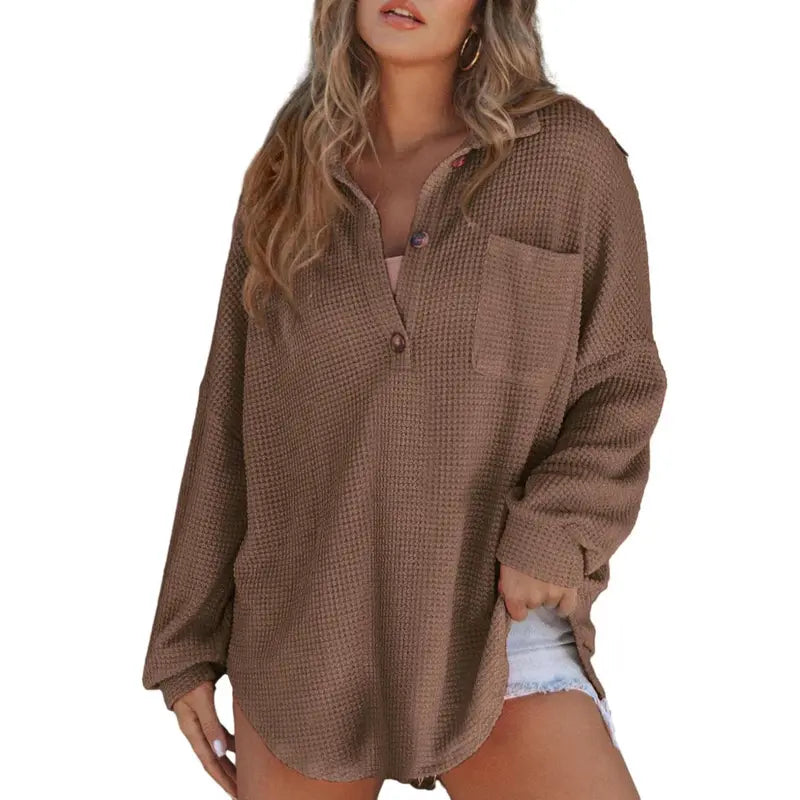 🔥 Crazy Deals For A Limited Time 🔥Women's Oversized Waffle Knit Henley Top - Casual V-Neck Mesh Knitwear Long Sleeve Tunic Blouse for Fall