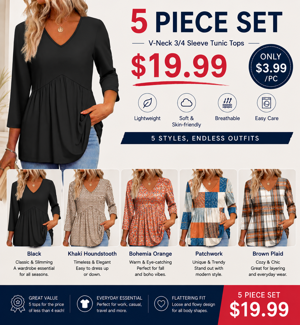 ⚡ Last Call For Big Savings ⚡Women’s V-Neck 3/4 Sleeve Tunic Top – Flowy Dressy Casual Blouse