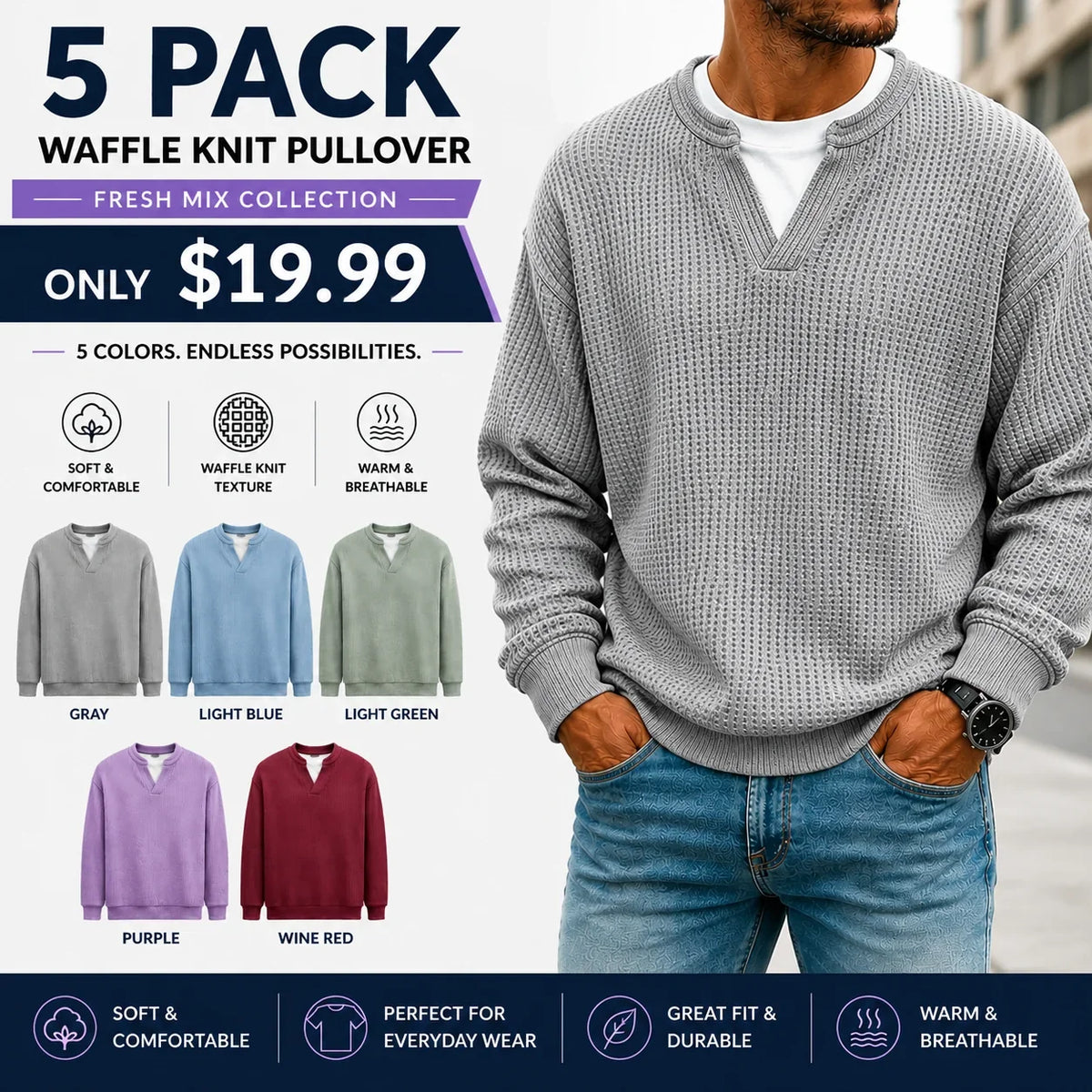 Men's Winter Warm Sweater, Waffle Texture, Loose and Comfortable Long Sleeve Style