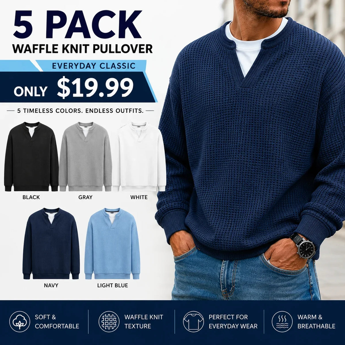 Men's Winter Warm Sweater, Waffle Texture, Loose and Comfortable Long Sleeve Style