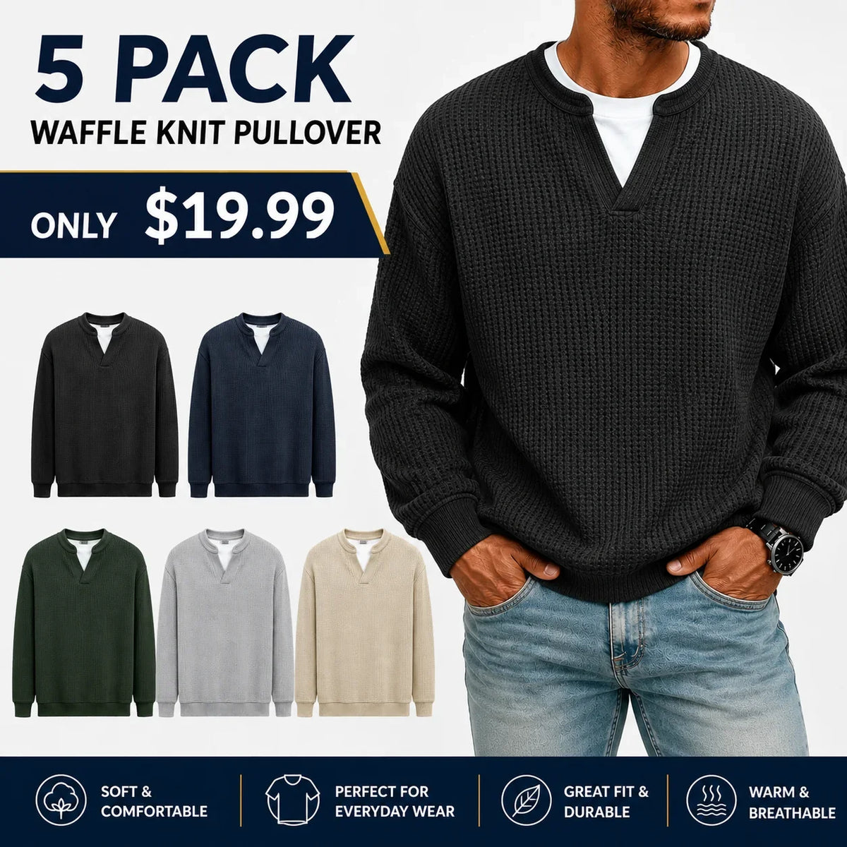 Men's Winter Warm Sweater, Waffle Texture, Loose and Comfortable Long Sleeve Style