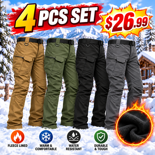 Men's Fleece-Lined Tactical Cargo Pants, Windproof Warm Work Pants with Multi-Pockets, 320g Fabric, Regular Fit Outdoor Pants for Fall & Winter